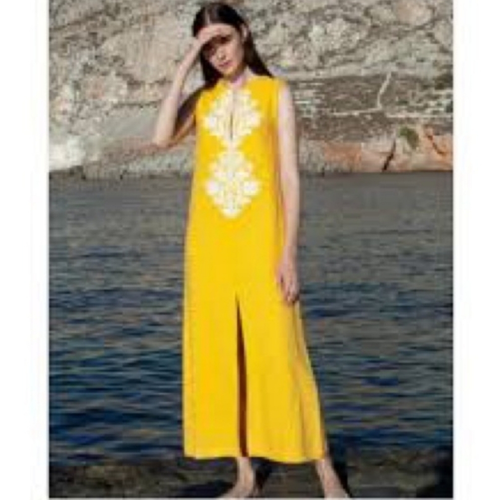 Soft Surroundings Canary Yellow Linen Maxi With White Embroidery - Picture 2 of 5